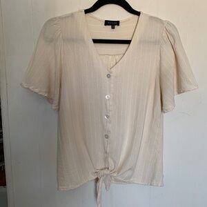 Cream pinstripe flowy blouse with button-up front and tie waist. Roolee. Size M.
